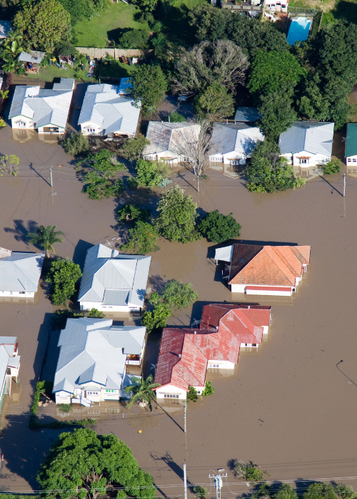 Aerial photo of a neighborhood underwater from flooding