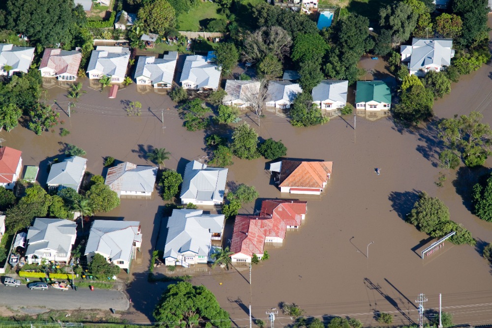 Aerial photo of a neighborhood underwater from flooding